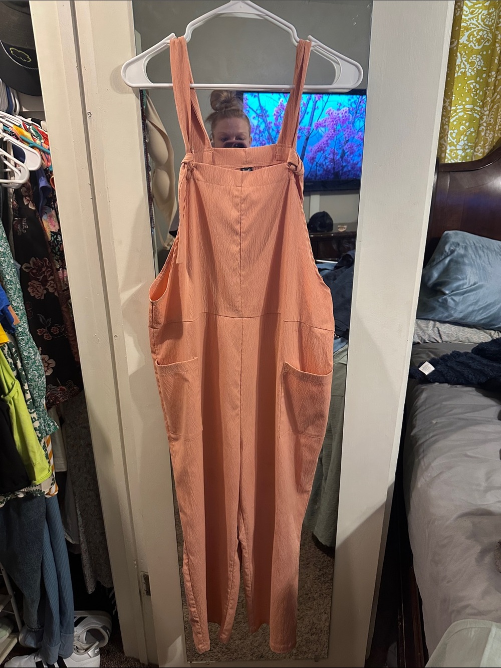 Women's Peach Cotton-Blend Overalls with Front Pockets